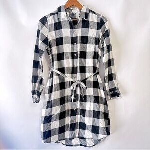 Sonoma black white buffalo plaid button up tunic flannel tie belt shirt dress